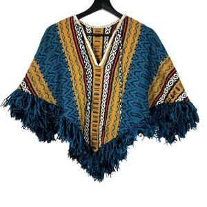 Vintage Fringe Poncho Boho Teal Blue and Mustard Yellow 1970s Festival Hippie